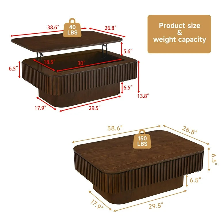 Contemporary fluted wood coffee table with rising tabletop