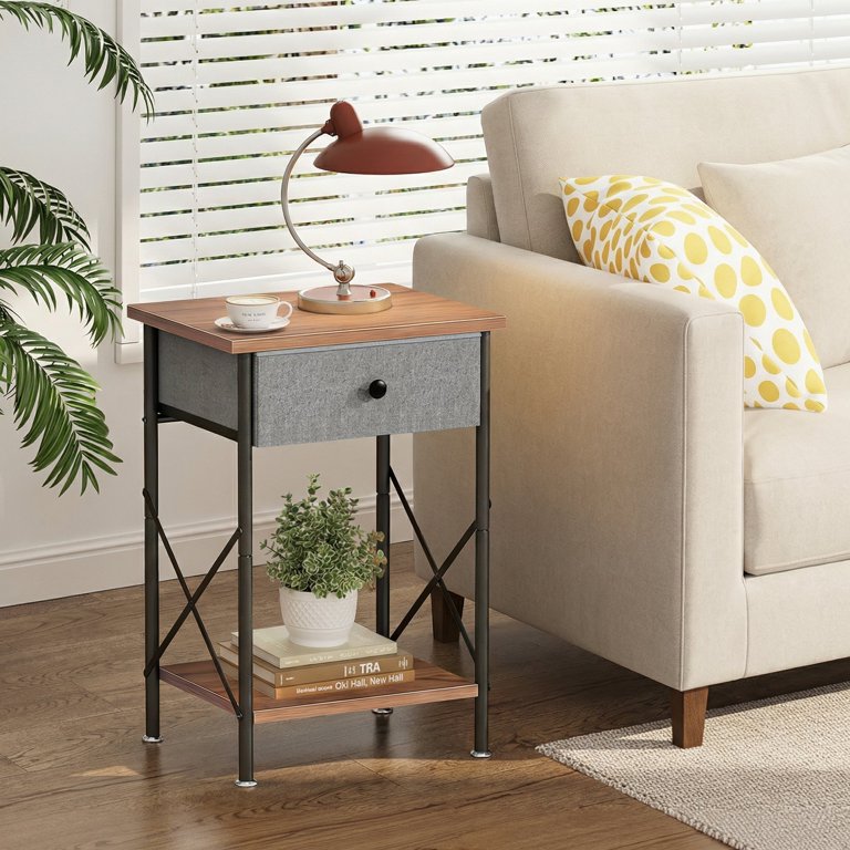 Small wooden bedside table with black legs