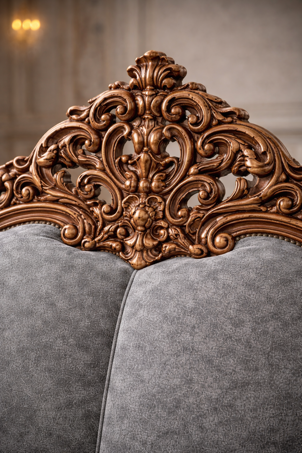 Antique Royal Luxury Hand-Carved 3 Seater Wooden Sofa – Grey Fabric Finish