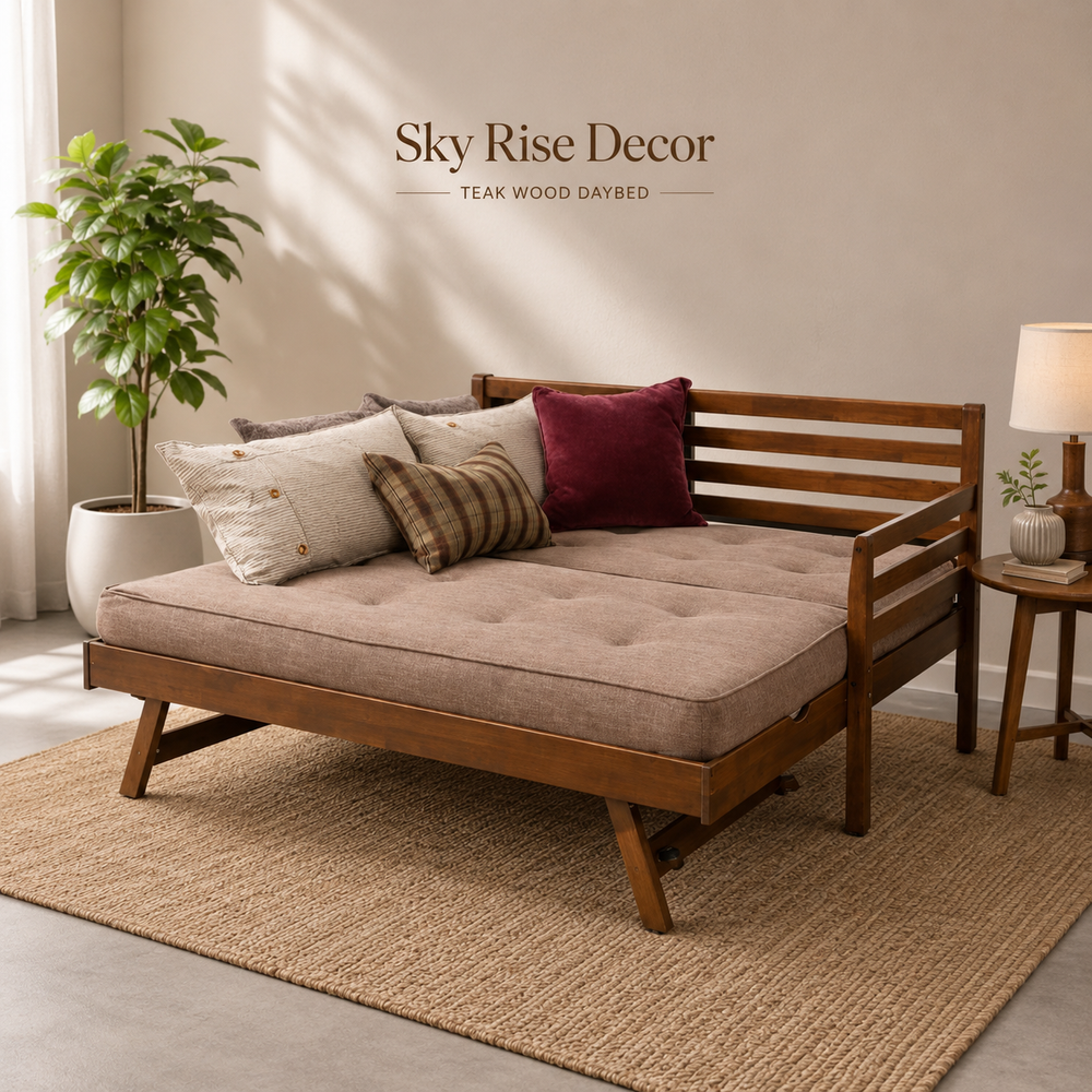 Solid teak wood sofa cum bed with beige cushion