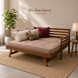 Solid teak wood sofa cum bed with beige cushion