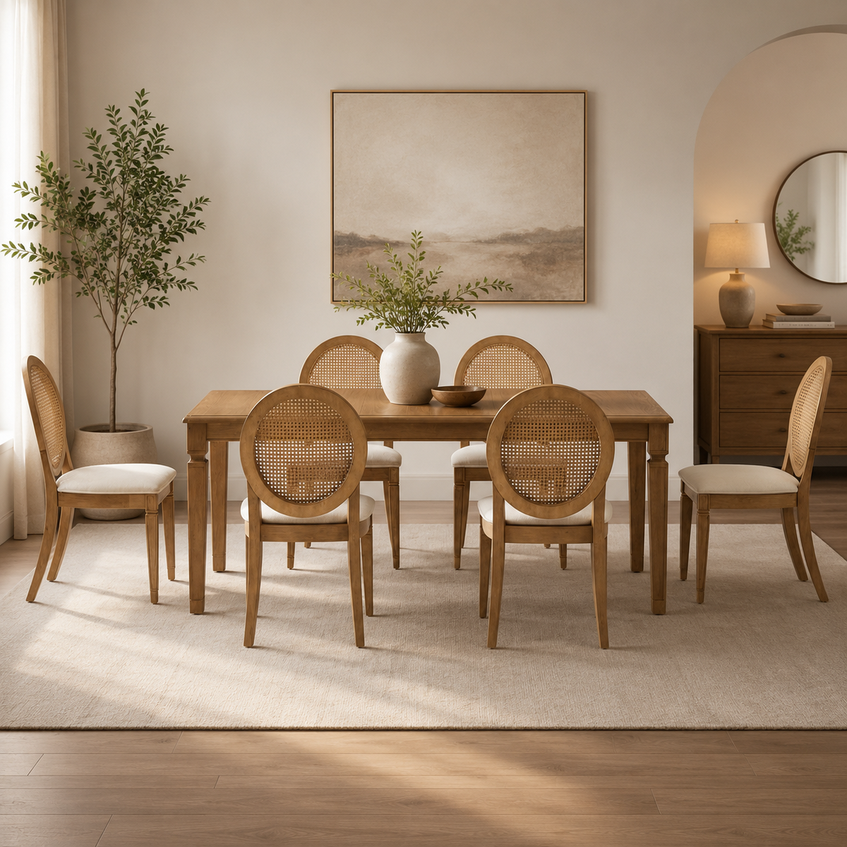 Solid teak wood dining table set with cane chairs