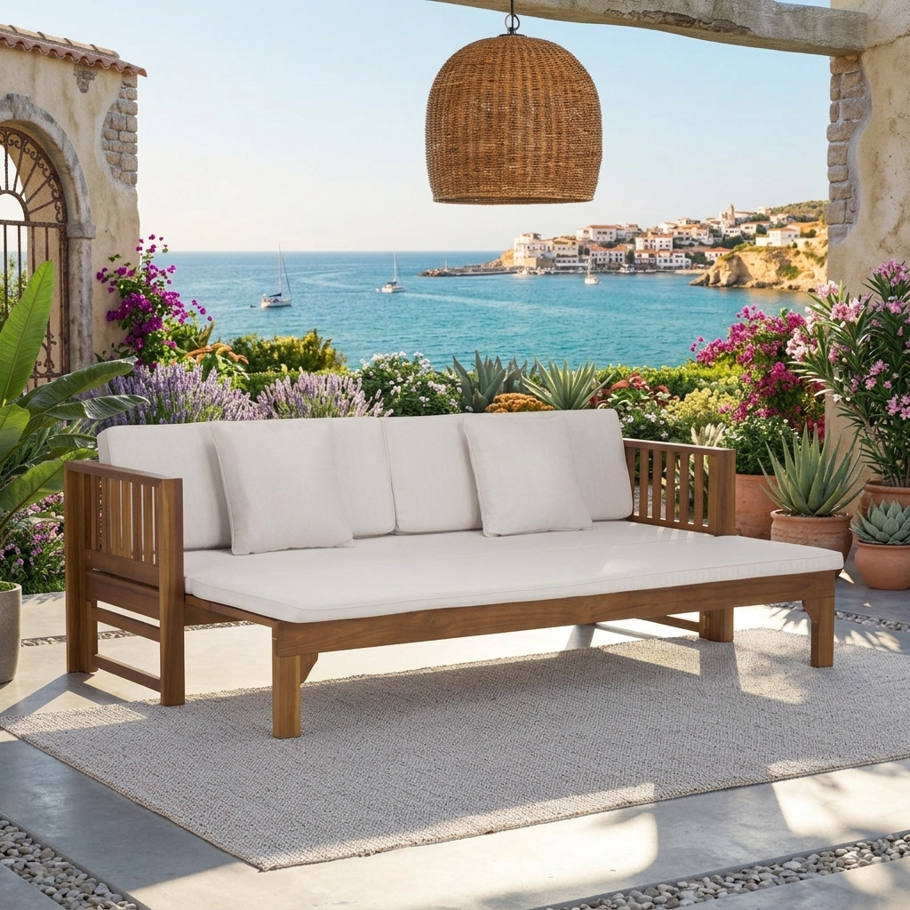 Solid teak wood outdoor daybed sofa with white cushions