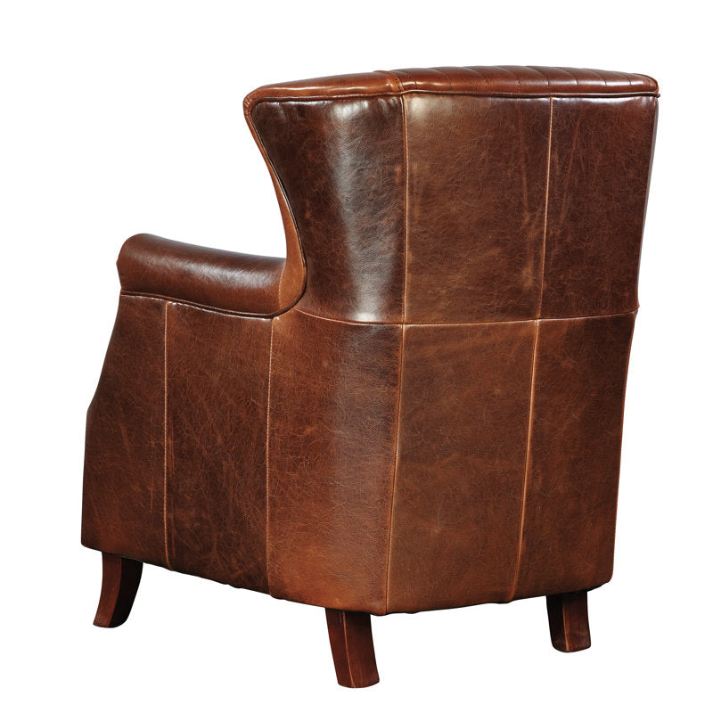 Rustic brown leather armchair handcrafted from solid teak wood