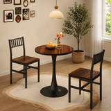 Solid teak wood round dining table set with modern chairs