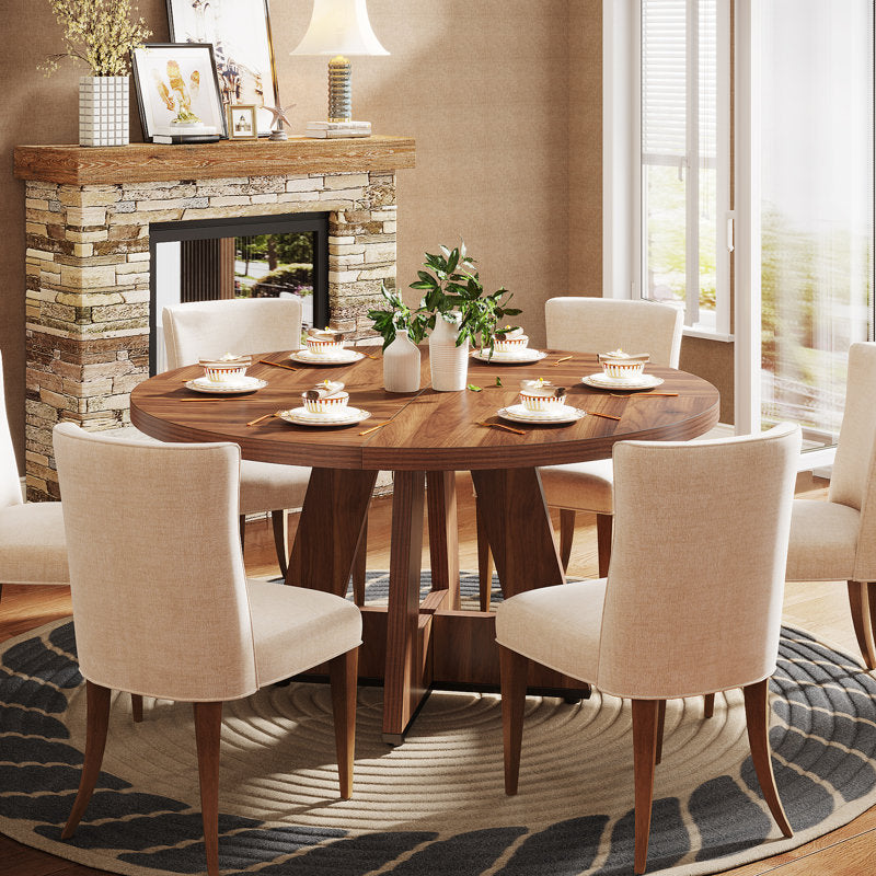 Solid teak wood round dining table with chairs
