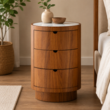 Solid teak wood round nightstand with marble top