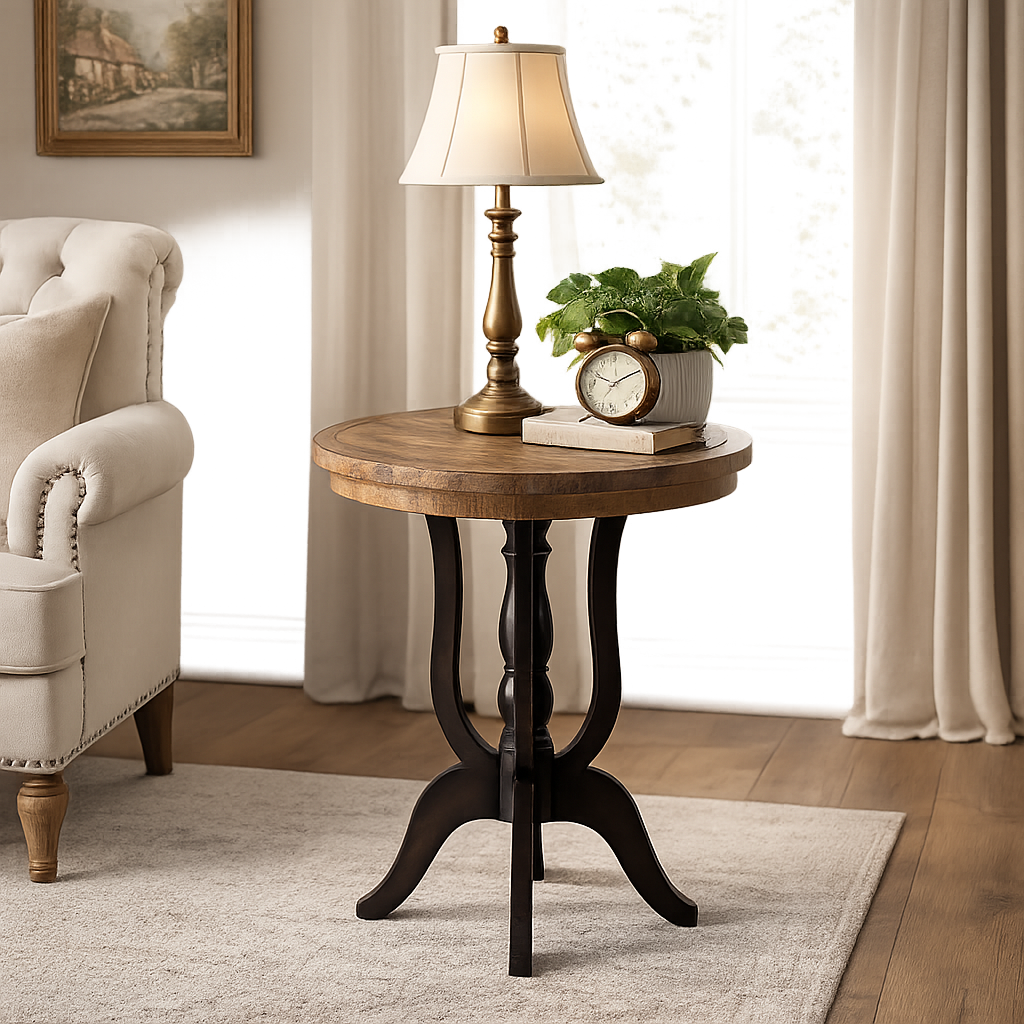 Handcrafted solid teak wood round side table with black pedestal base