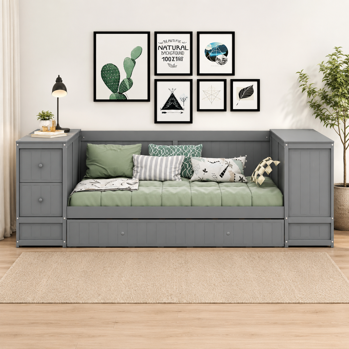 Solid teak wood storage daybed with trundle