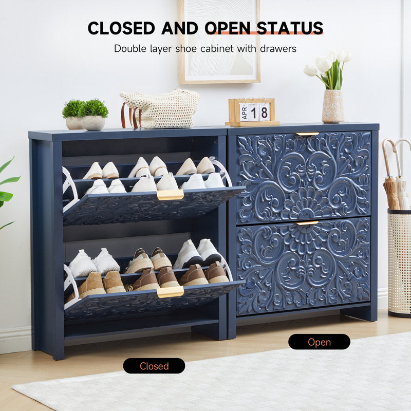 Decorative teak wood storage cabinet with carved details