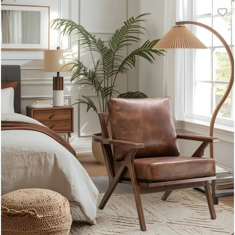 Brown leather teak wood lounge chair modern design
