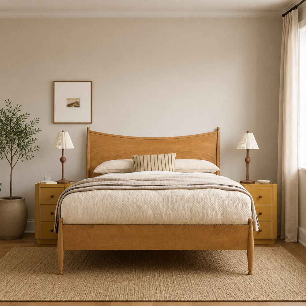 Solid teak wood bed frame with curved headboard in modern bedroom