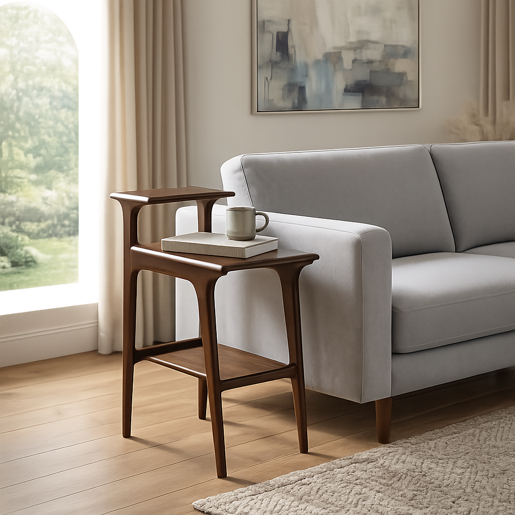Solid teak wood C-shaped sofa side table for living room