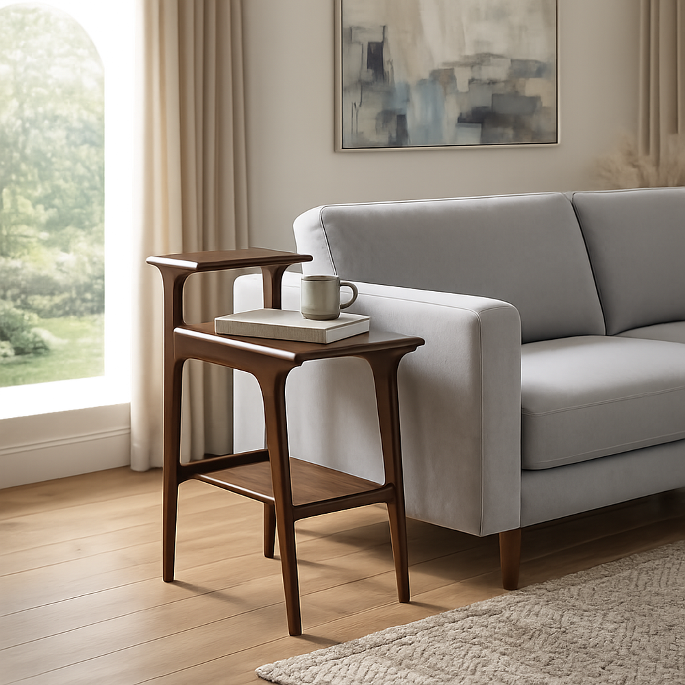 Solid teak wood C-shaped sofa side table for living room