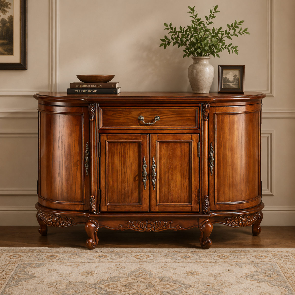 Solid teak wood classic sideboard cabinet with drawer and storage doors