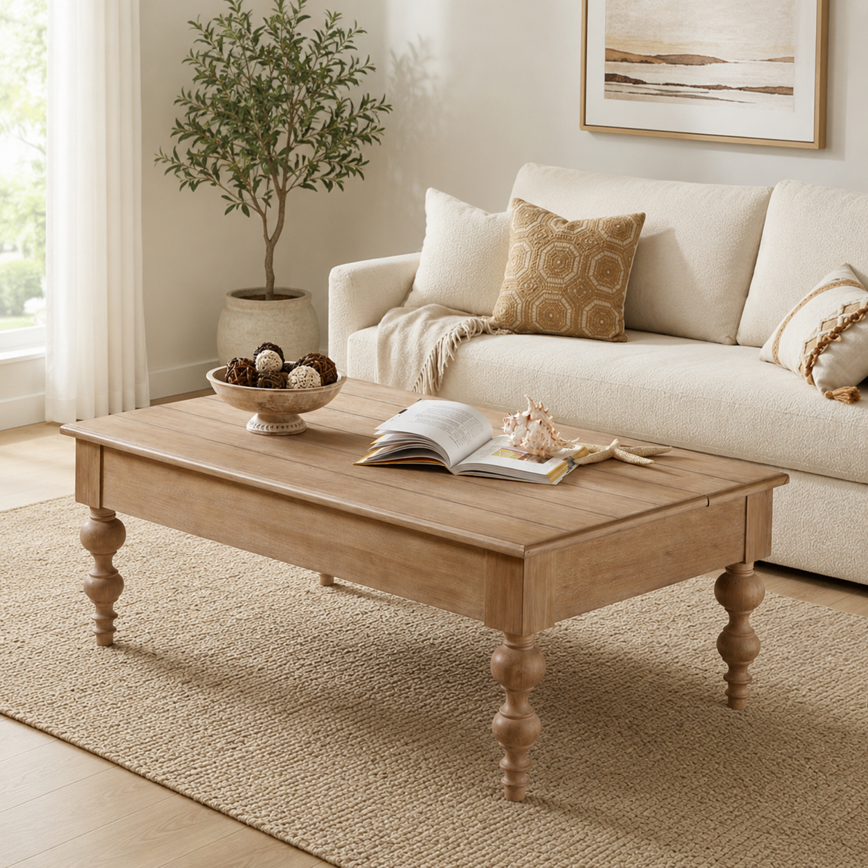 Solid teak wood coffee table with turned legs in living room