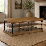 Solid teak wood coffee table with open storage shelf