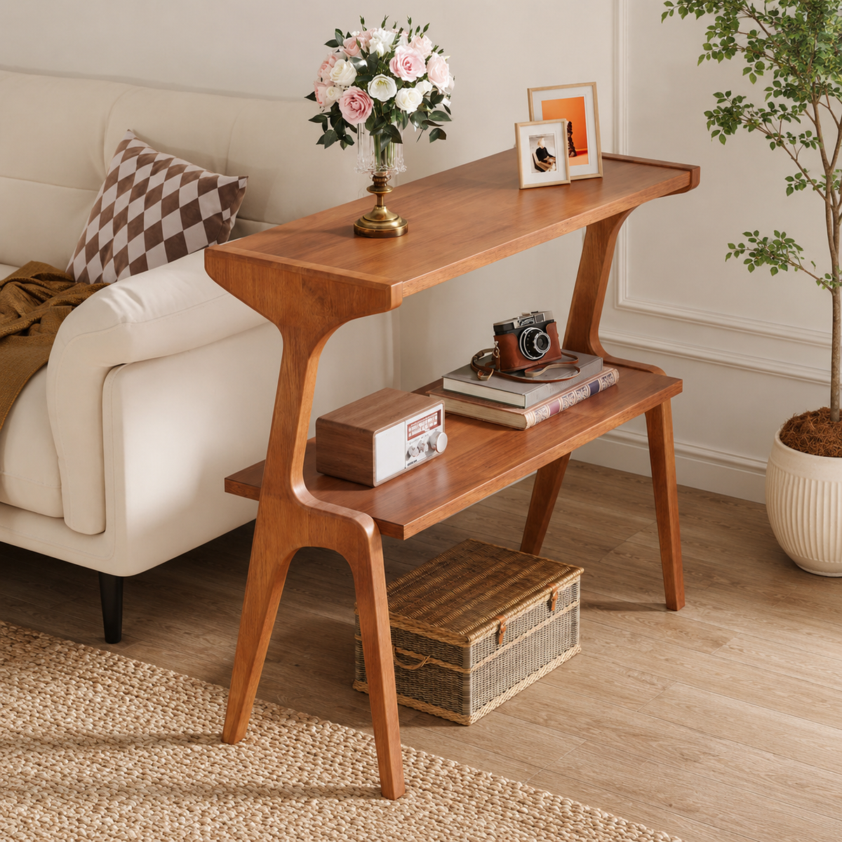 Solid teak wood console table with storage shelf