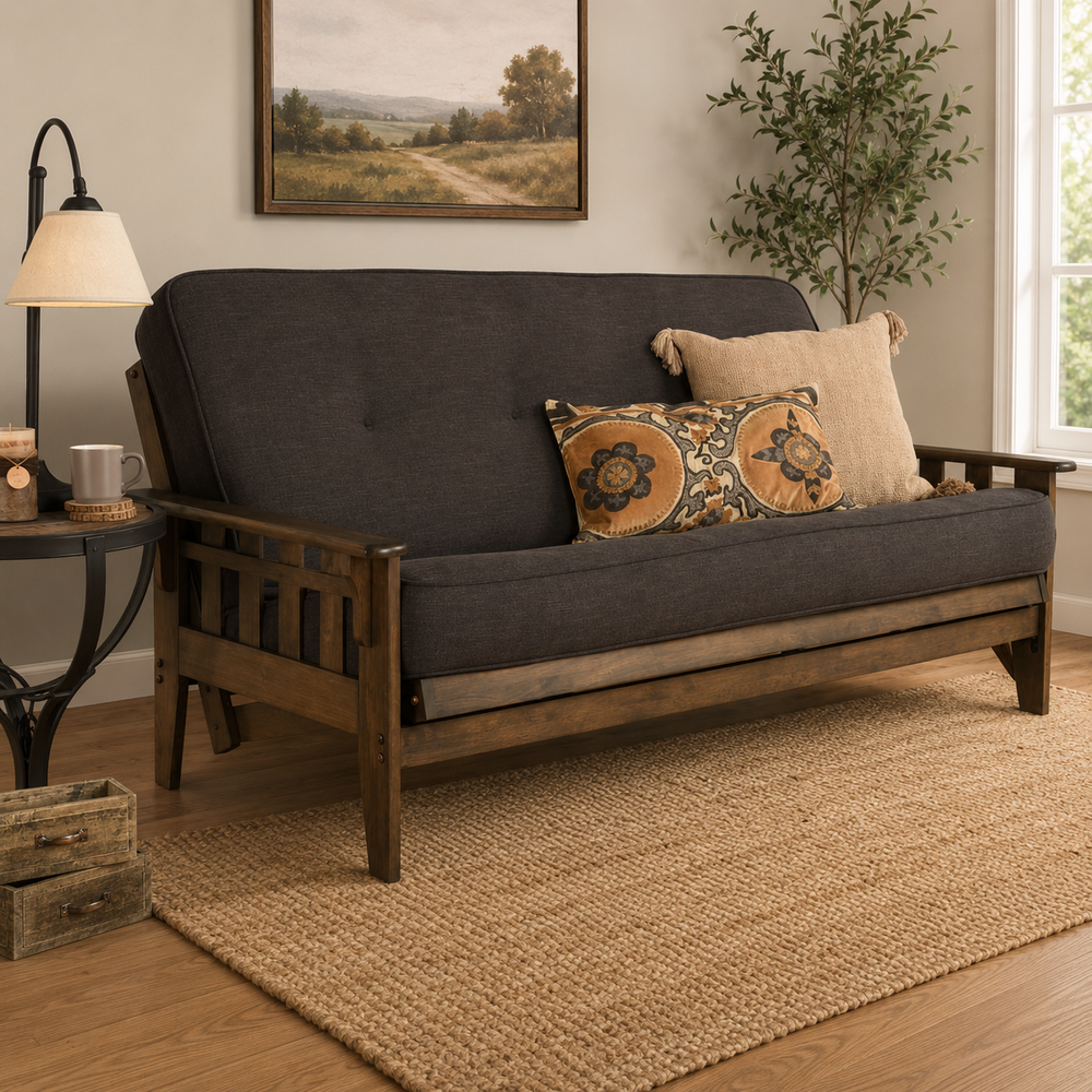 Solid teak wood futon sofa bed with charcoal grey cushions in modern living room