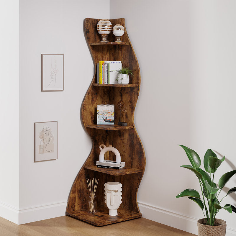 Space-saving teak wood corner bookshelf for bedroom