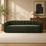 Luxury green velvet curved sofa with teak wood frame