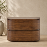 Solid teak wood curved bedside table with two storage drawers