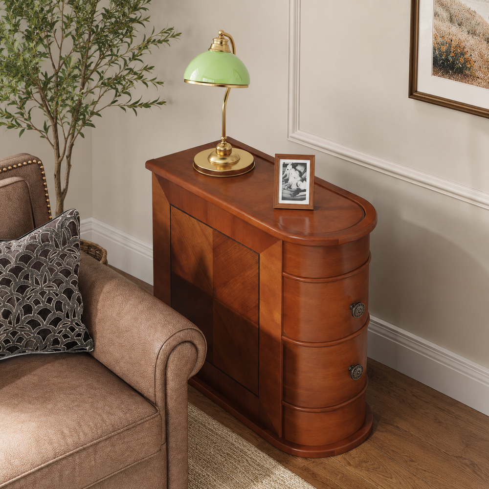 Solid teak wood curved sideboard cabinet with storage drawers
