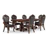 Hand carved teak wood dining table with upholstered chairs
