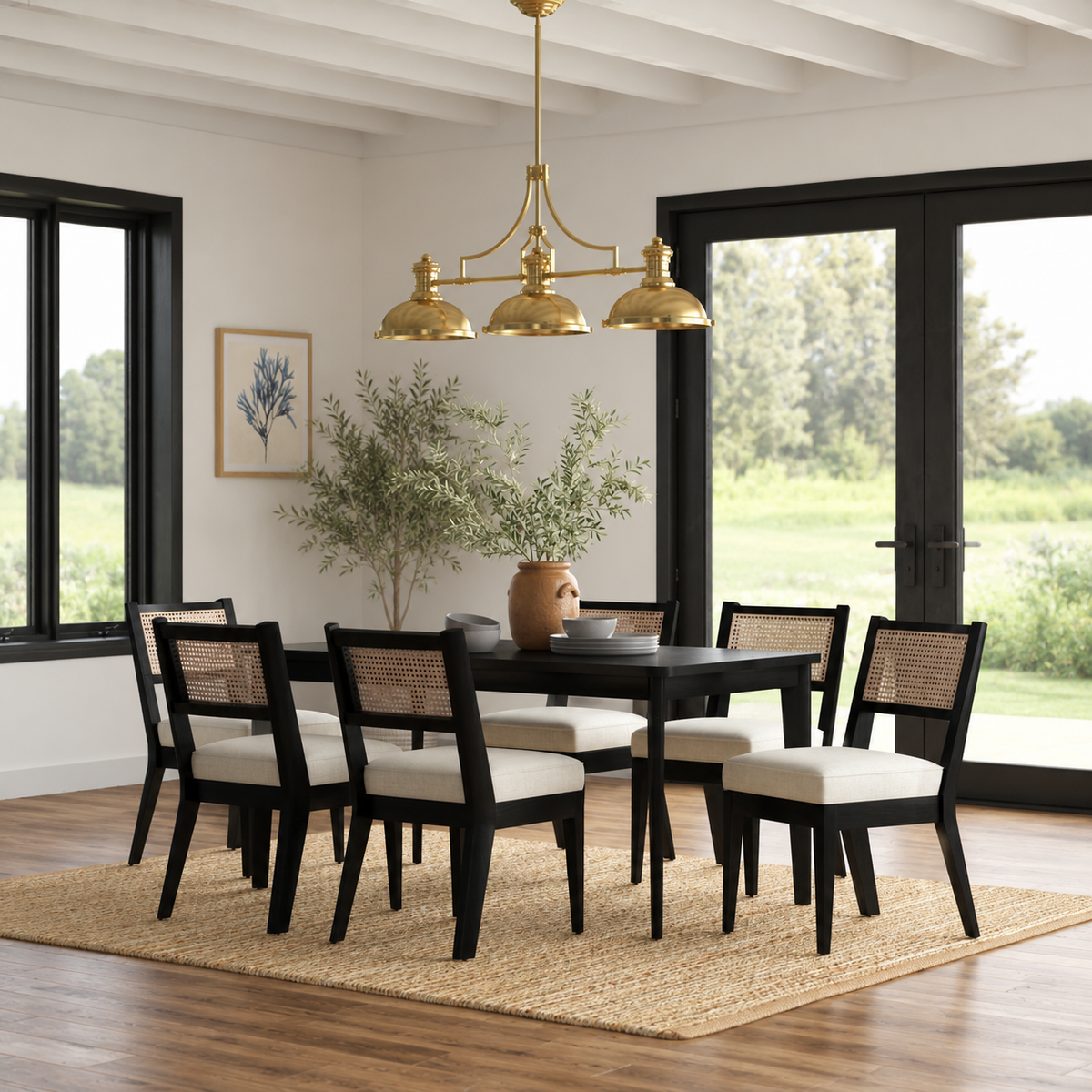 Solid teak wood 6-seater dining table set with cane back chairs