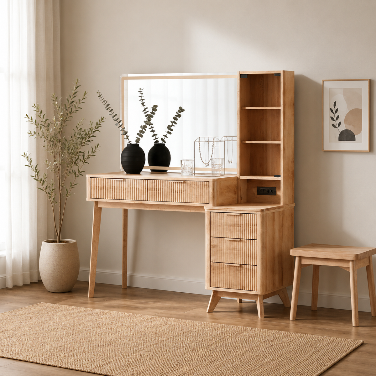 Solid teak wood dressing table with mirror and storage shelves