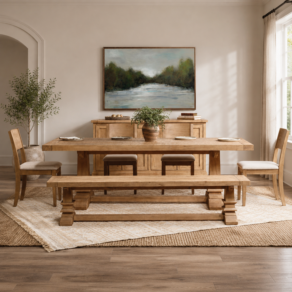 Solid teak wood farmhouse dining table set with bench and chairs in modern dining room