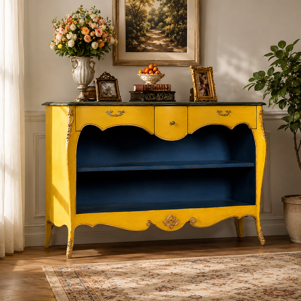 Vintage teak wood console table with yellow and blue finish and open shelf storage