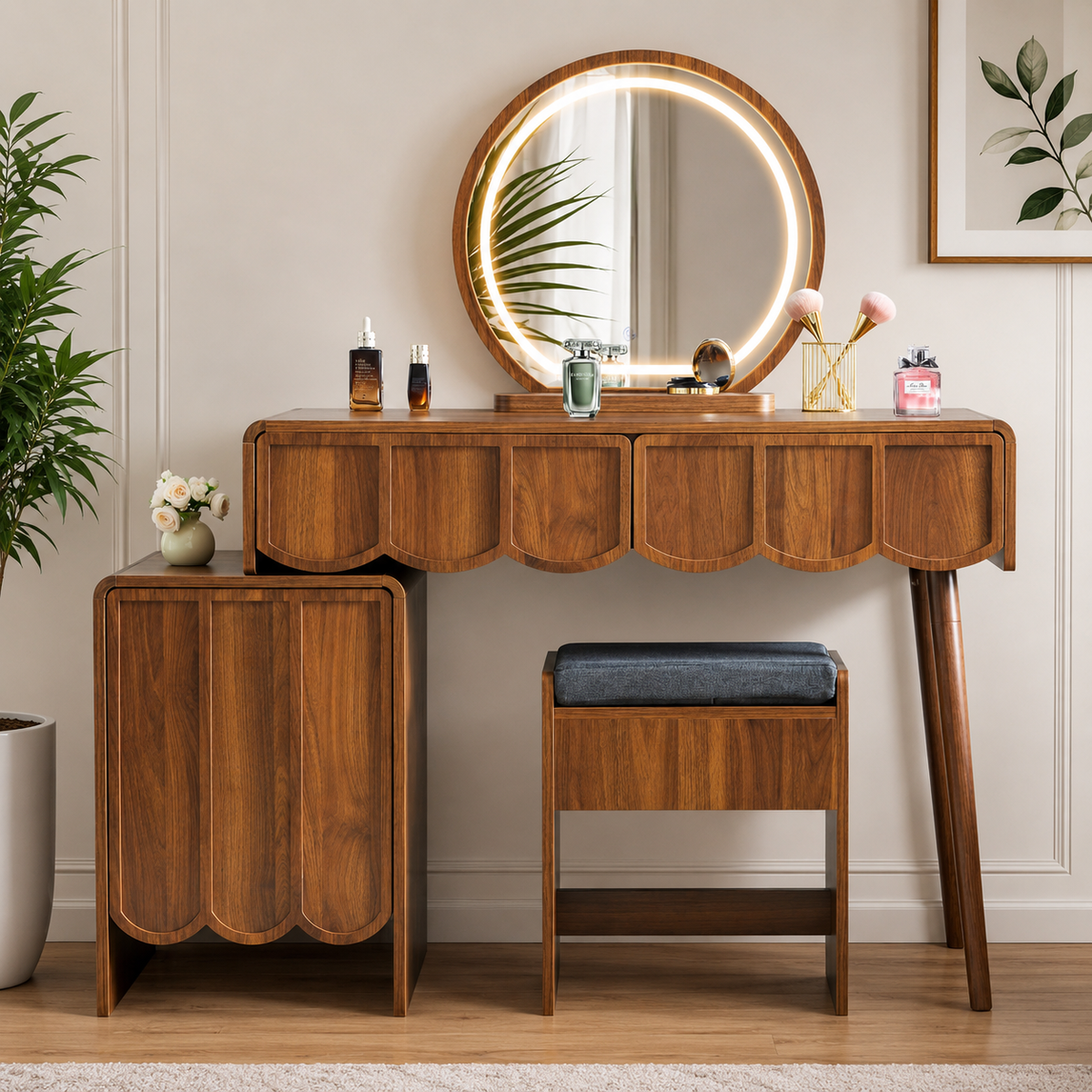 Solid teak wood dressing table with LED round mirror