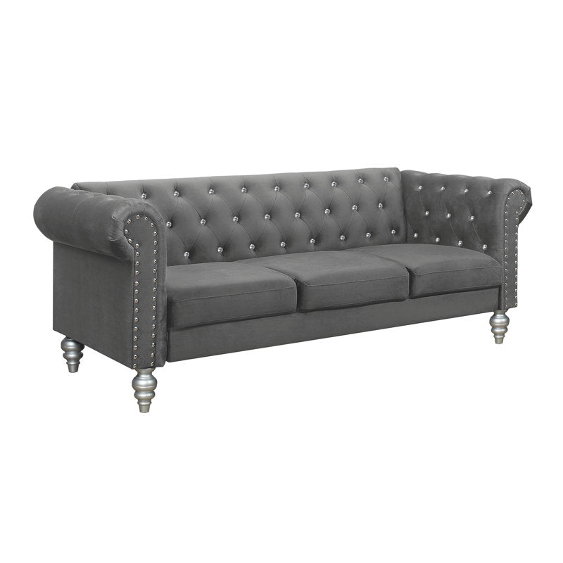 Premium 3 seater Chesterfield sofa in grey velvet with teak wood construction

