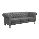 Premium 3 seater Chesterfield sofa in grey velvet with teak wood construction

