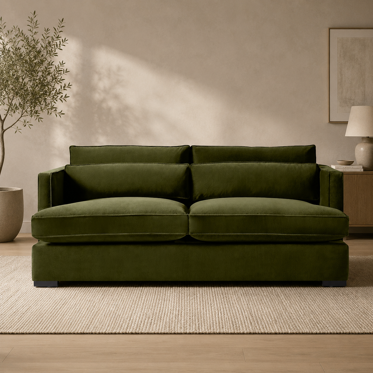 Olive green velvet sofa with teak wood frame
