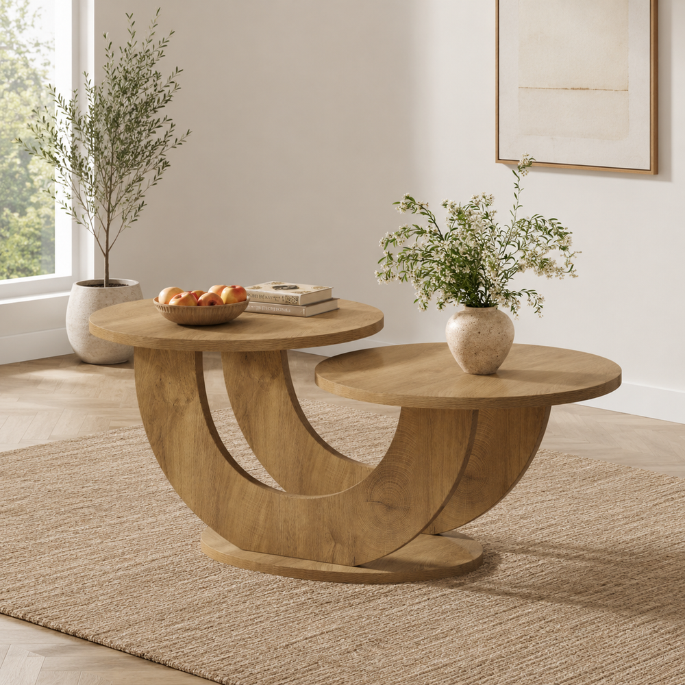Solid teak wood nesting coffee table set with modern curved base design