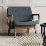 Modern teak wood accent chair with comfortable fabric seating