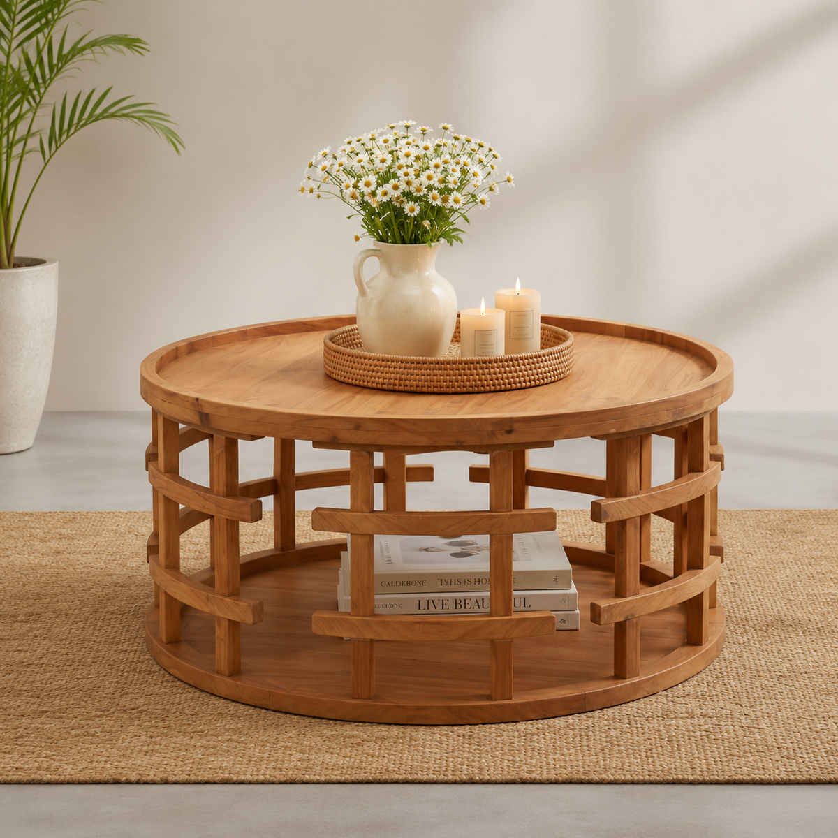 Solid teak wood round coffee table