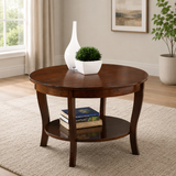 Solid teak wood round coffee table with storage shelf