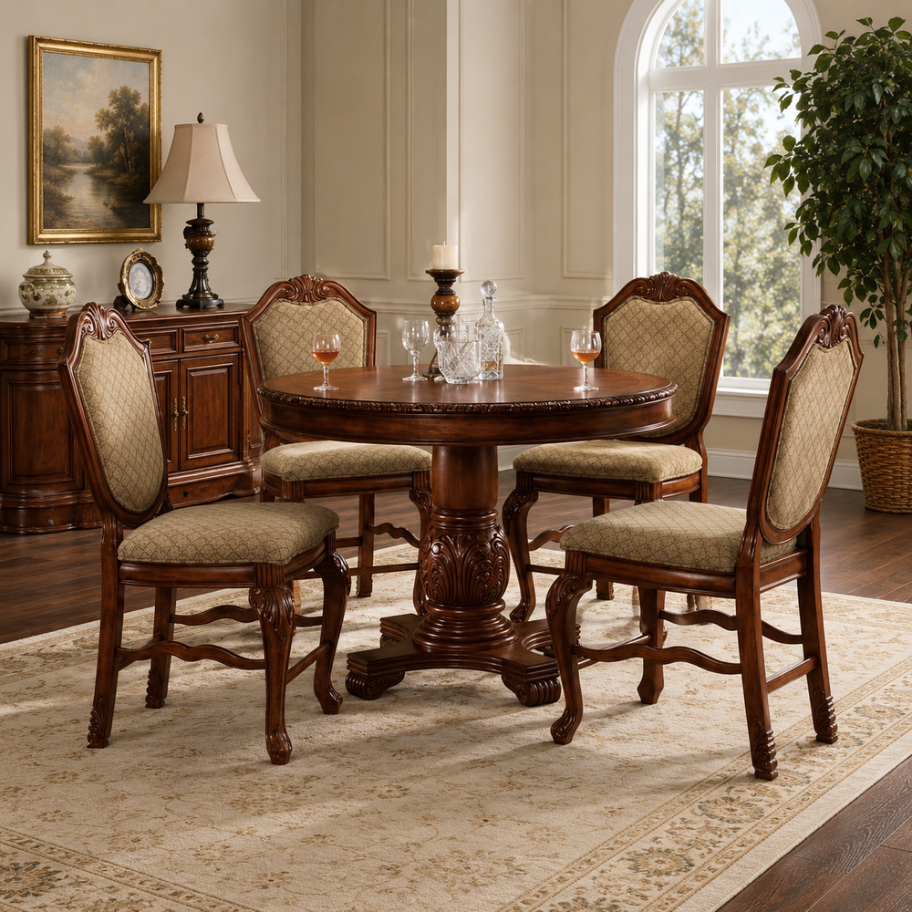 Solid teak wood round dining table set with upholstered chairs