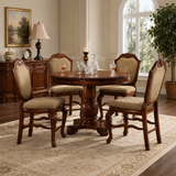 Solid teak wood round dining table set with upholstered chairs