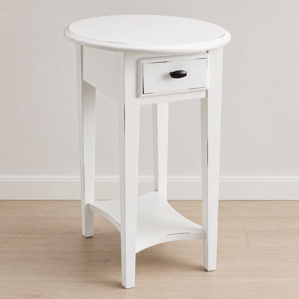 Solid teak wood round end table with drawer in white finish