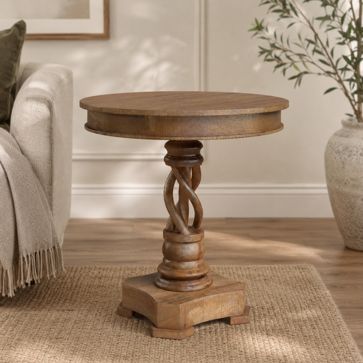 Solid teak wood round side table with twisted pedestal base