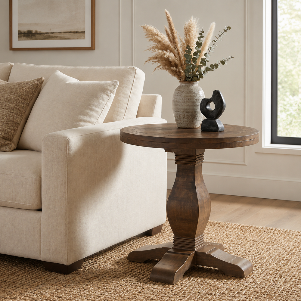 Solid teak wood round side table with pedestal base