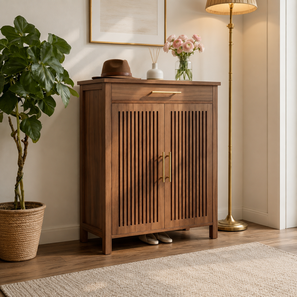 Solid teak wood shoe cabinet with drawer