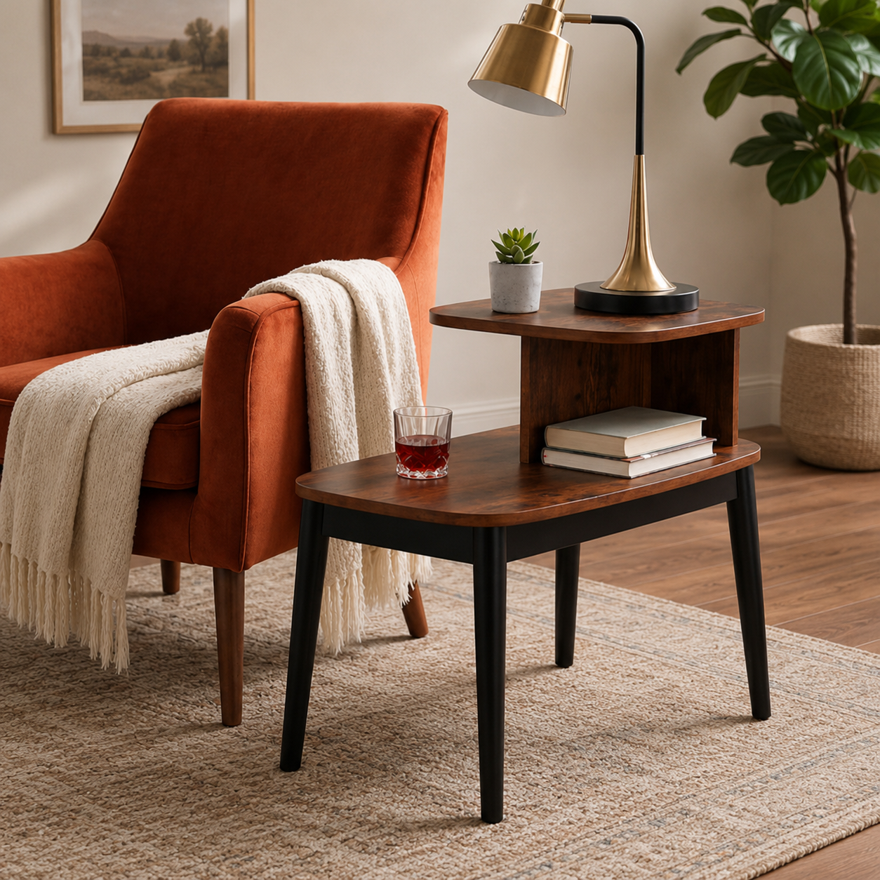 Solid teak wood sofa side table with storage shelf for living room