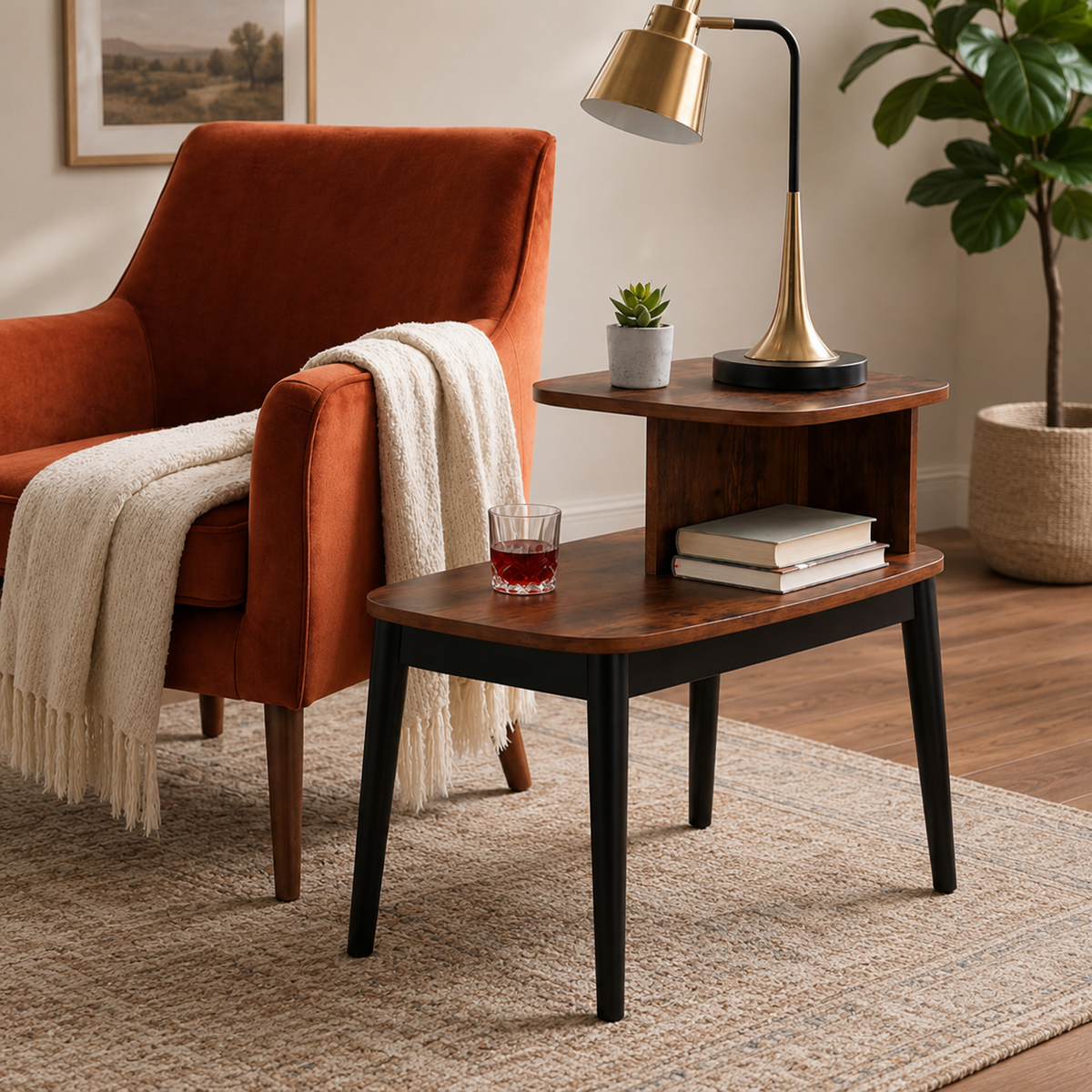 Solid teak wood sofa side table with storage shelf for living room