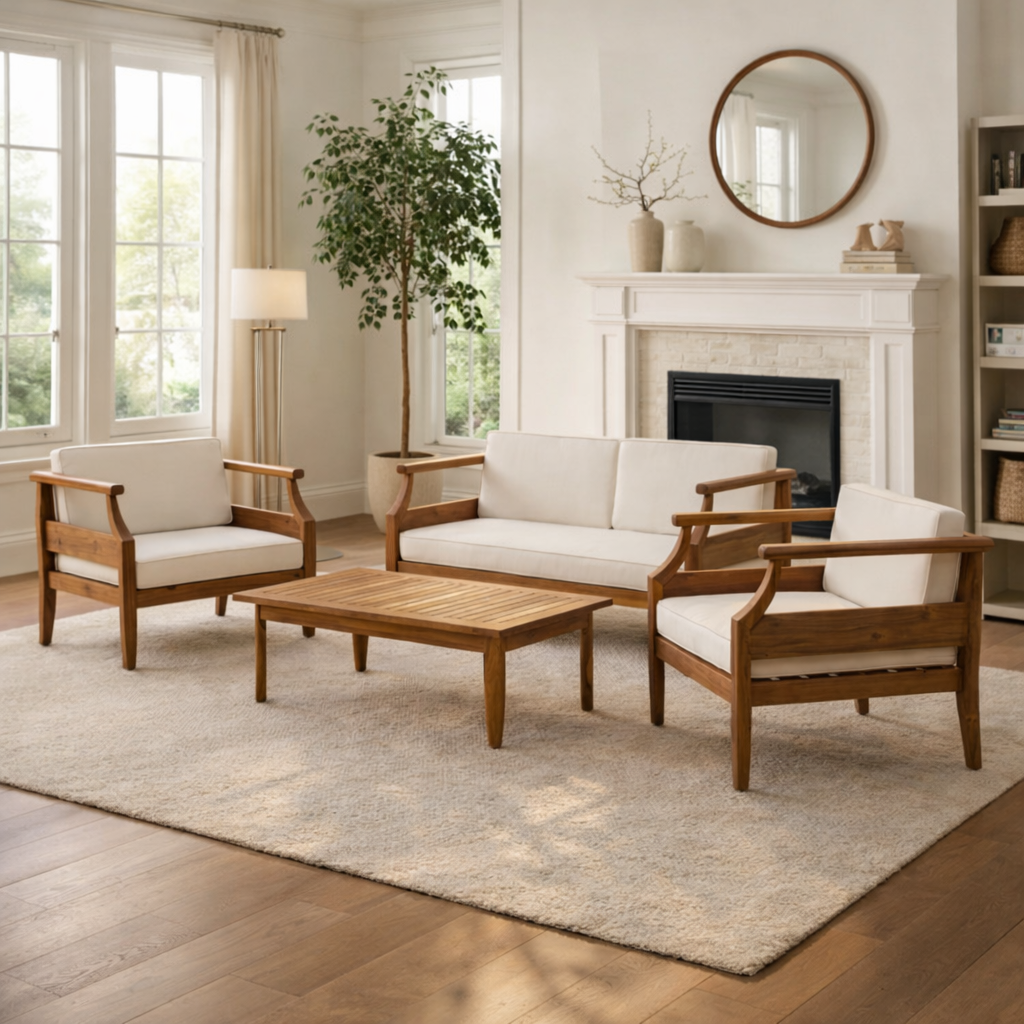 Premium Teak Wood Sofa Set – Solid Wood Living Room Sofa 2+1+1 Seater +1 Center table