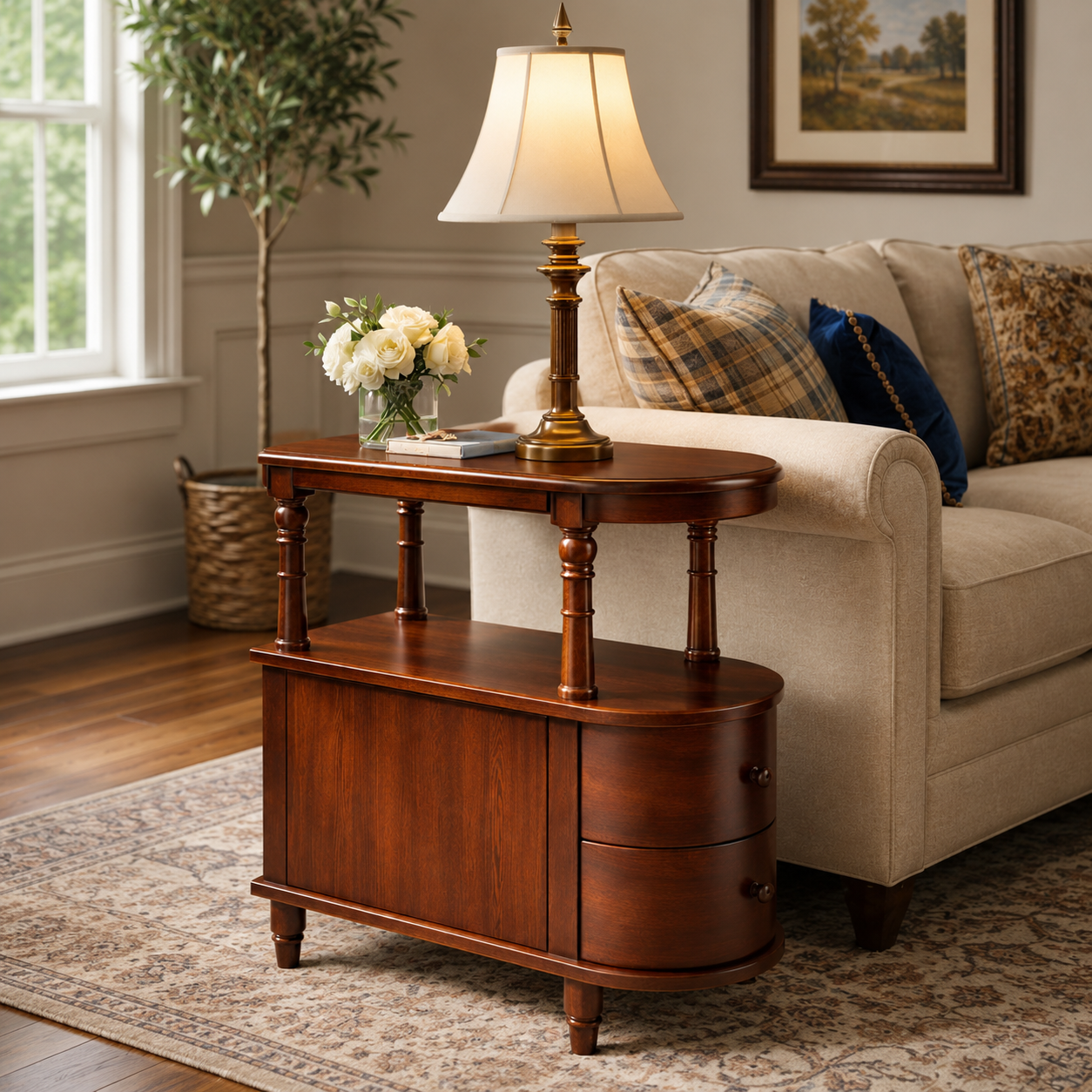 Solid teak wood sofa side table with drawers and cabinet storage